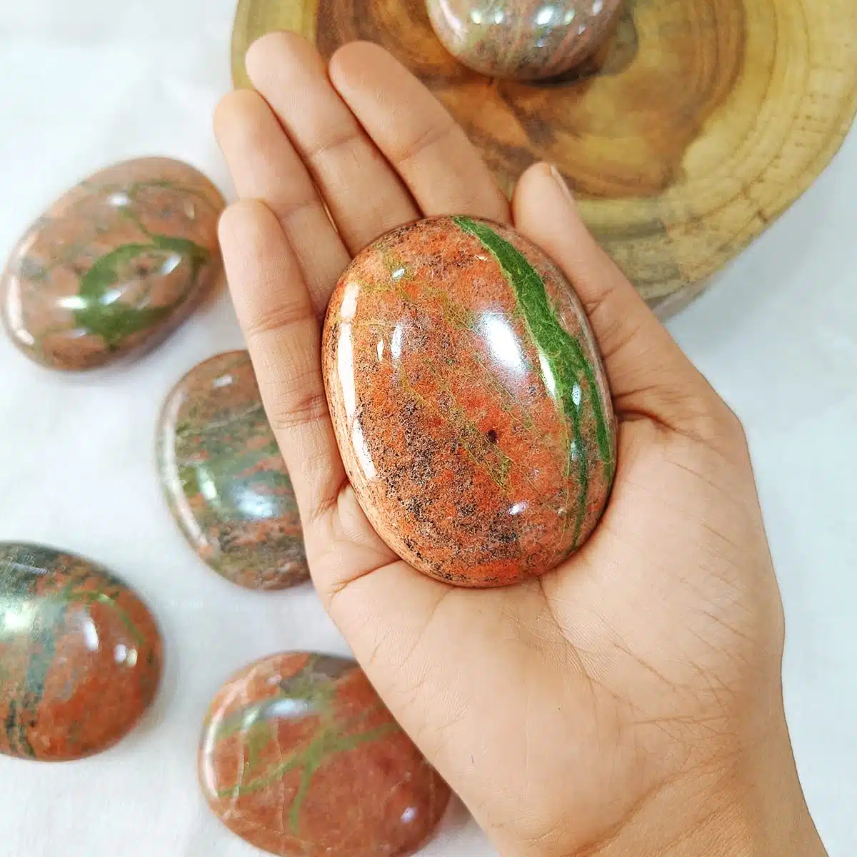 Unakite Palmstone-Shubhanjali (5) Shop Crystal Unakite Palmstone