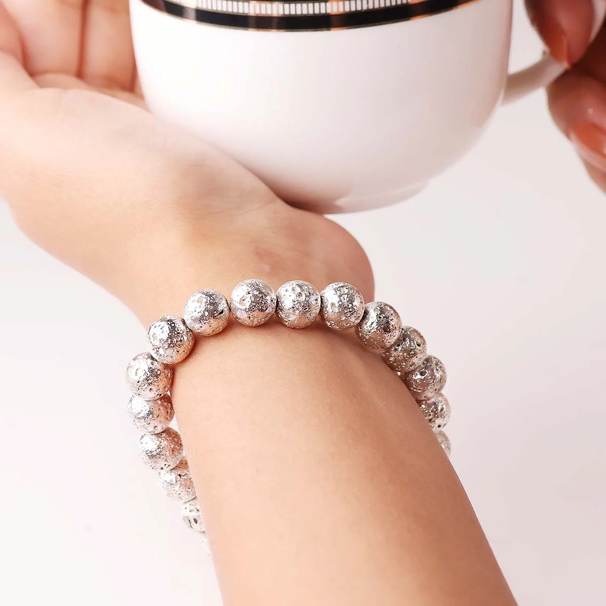 Lava Silver Metallic Stone Bracelet 8mm (2)