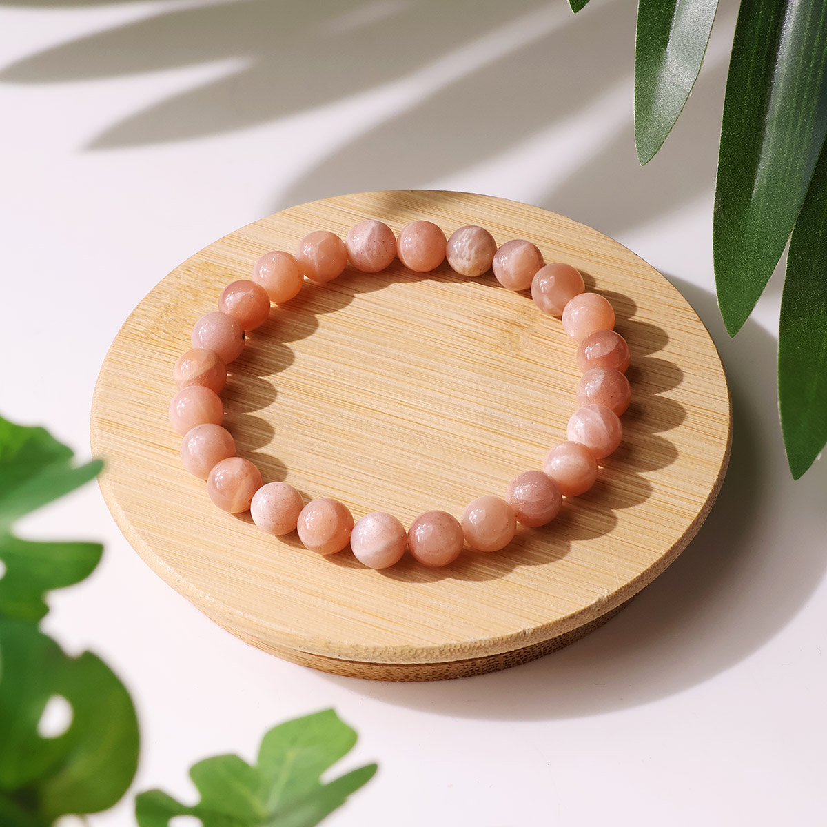 Peach Moonstone Round Beads Bracelet (1)