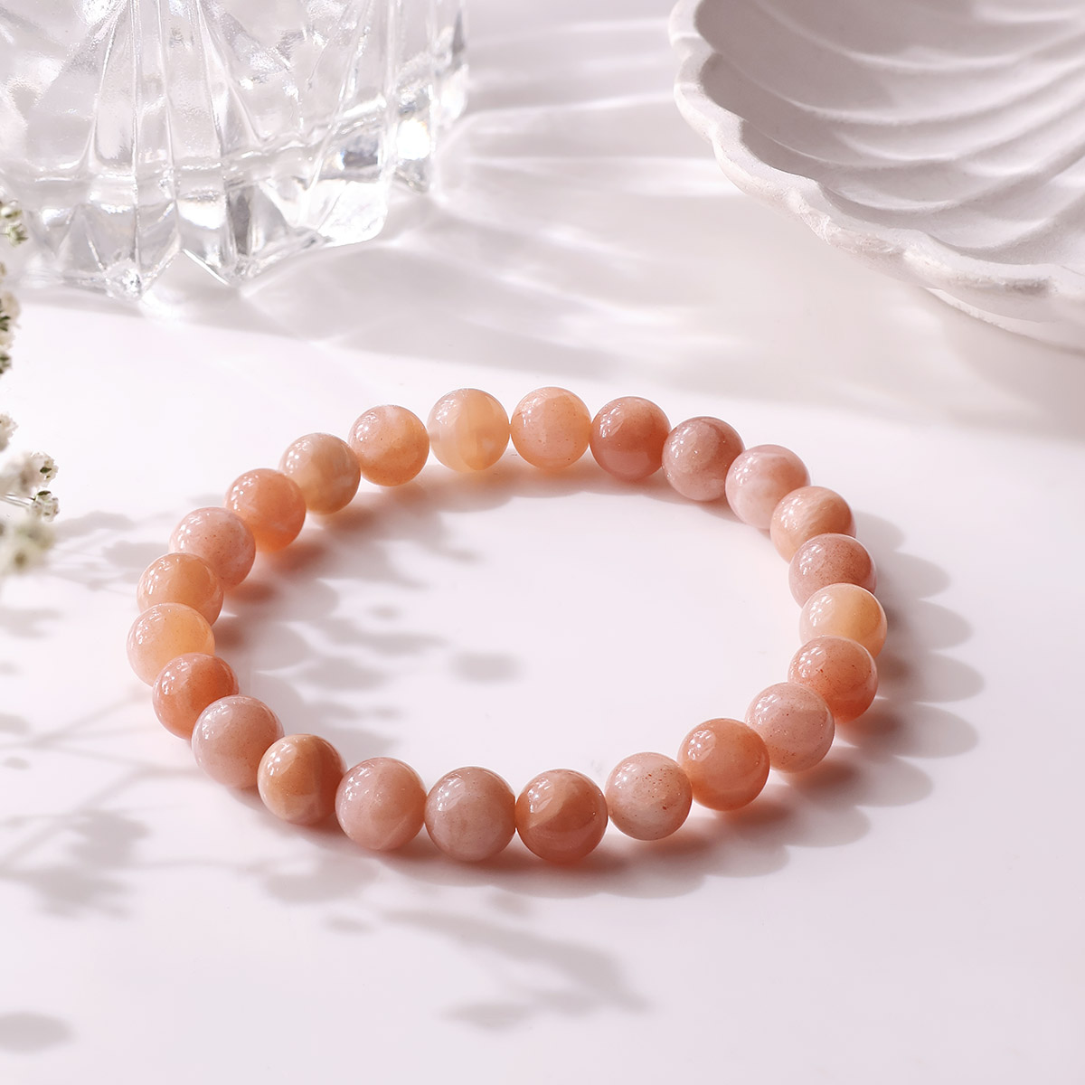 Peach Moonstone Round Beads Bracelet (2)