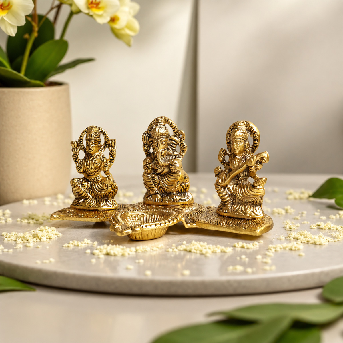 Metal Laxmi Ganesh Sarswati With Diya - Shubhanjali Store (2) lakshmi ganesh saraswati metal statue