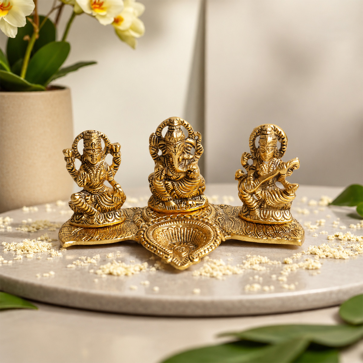 Metal Laxmi Ganesh Sarswati With Diya - Shubhanjali Store (4) lakshmi ganesh saraswati metal statue