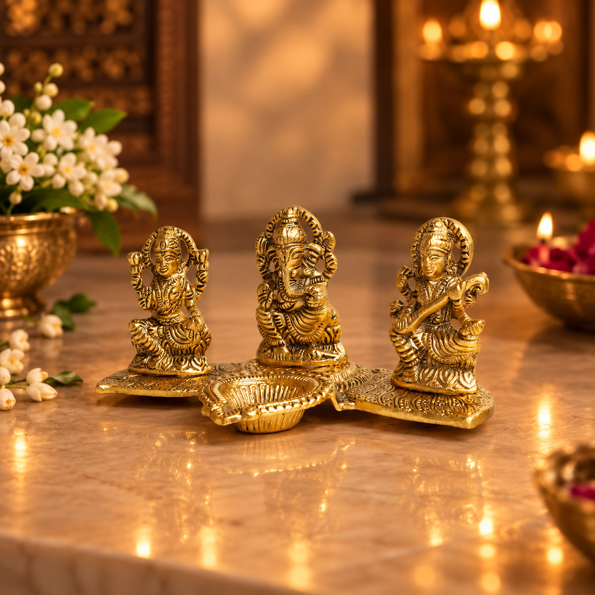 Metal Laxmi Ganesh Sarswati With Diya - Shubhanjali Store (5) lakshmi ganesh saraswati metal statue