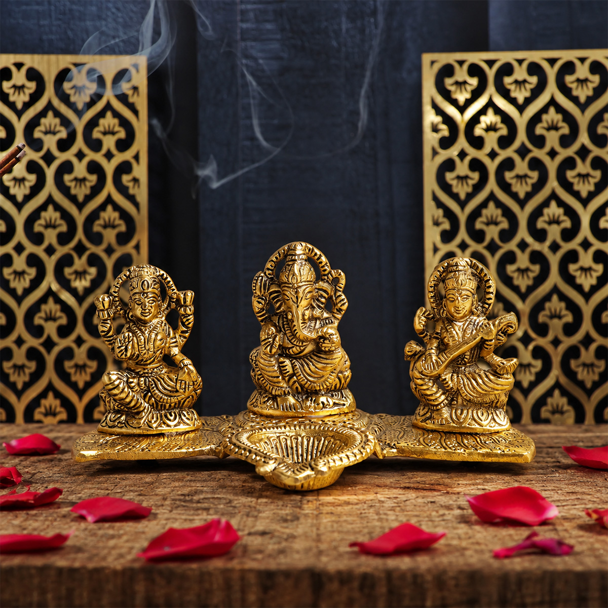 Metal Laxmi Ganesh Sarswati With Diya - Shubhanjali Store (6) lakshmi ganesh saraswati metal statue