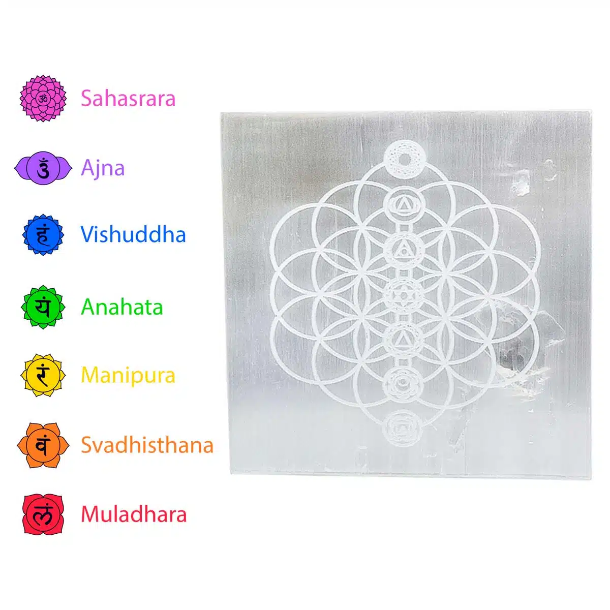 Shubhanjali-Selenite 7 Chakra Symbol Square Plate (2) Shop Selenite 7 Chakra Symbol Square Shape Plate