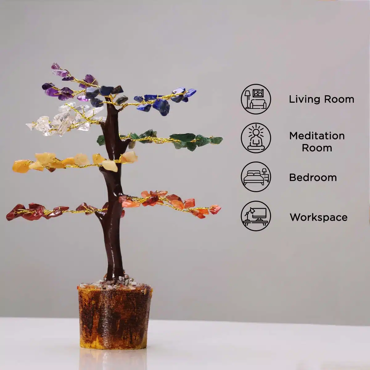 Shubhanjali-7 Chakra M-Seal Tree, Golden Wire (2) Shop 7 Chakra M-Seal Crystal Tree, Golden Wire,