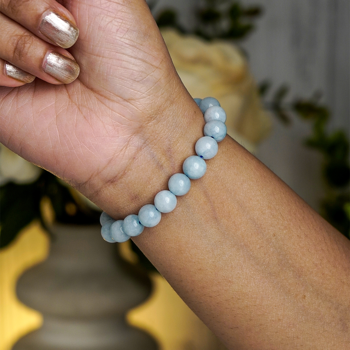 Aquamarine Bracelet (Dyed) - Shubhanjali Store (1) aquamarine round beads bracelet (dyed)