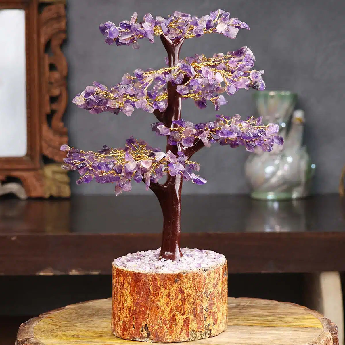 Shubhanjali-Amethyst M-Seal Tree, Golden Wire (4) Shop Amethyst M-Seal Crystal Tree, Golden Wire