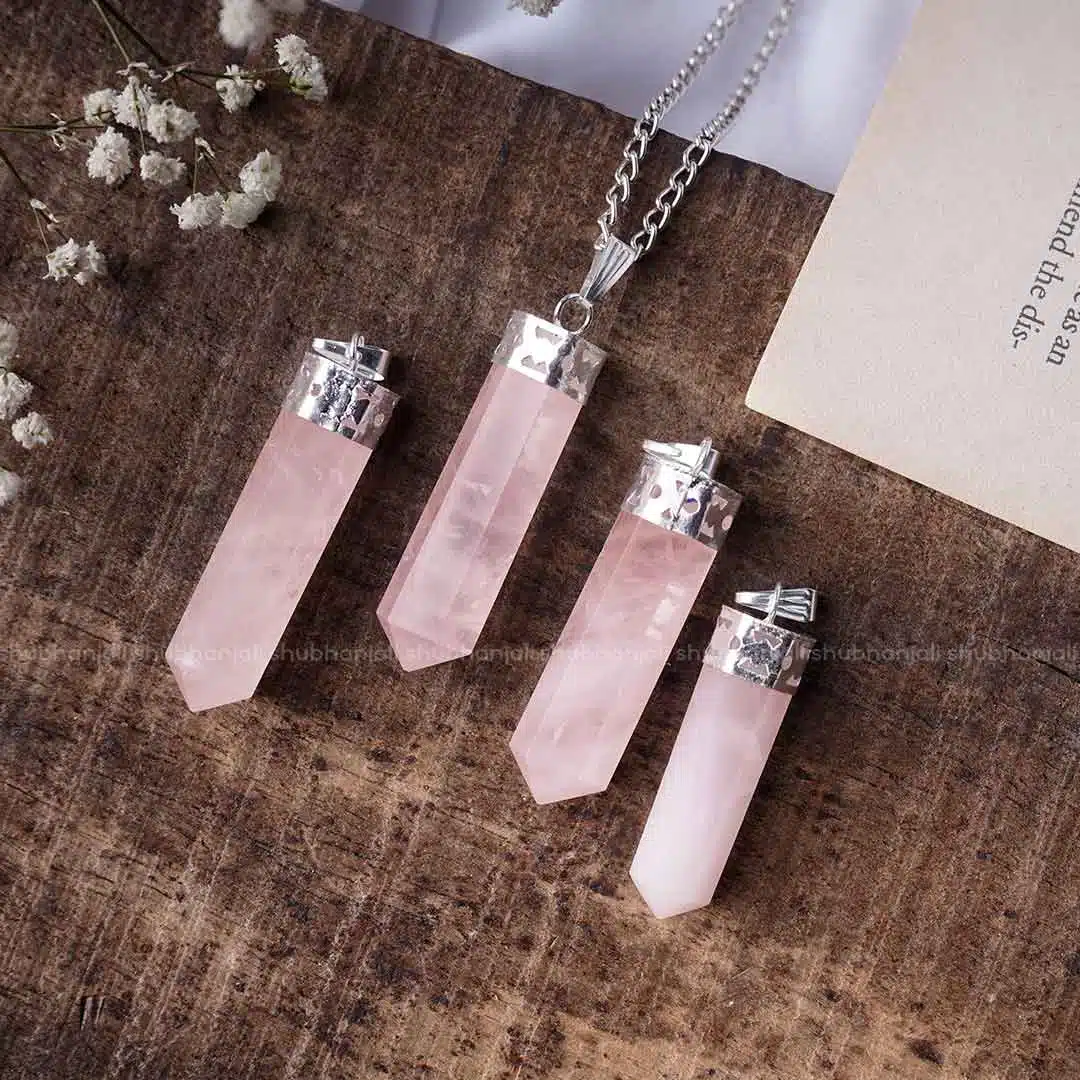 Shubhanjali-Rose Quartz Pencil Pendant Natural Rose Quartz Crystal Pencil Shape Pendant