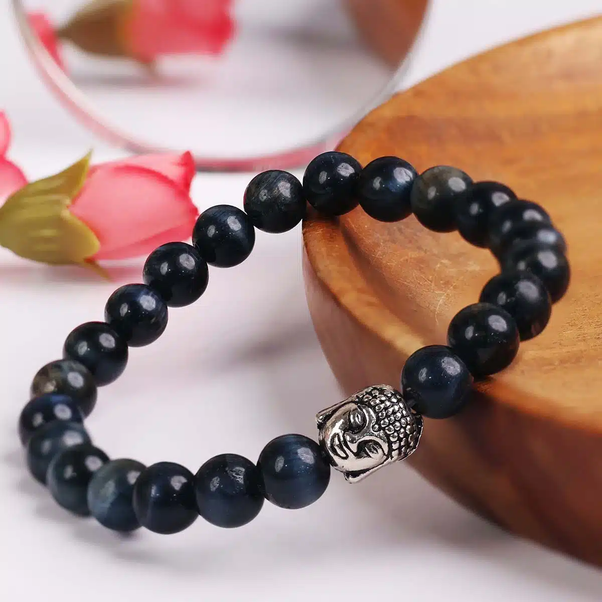Shubhanjali-Blue Tiger Eye Buddha Bracelet (1) Shop Natural Blue Tiger Eye Buddha Charm Bracelet