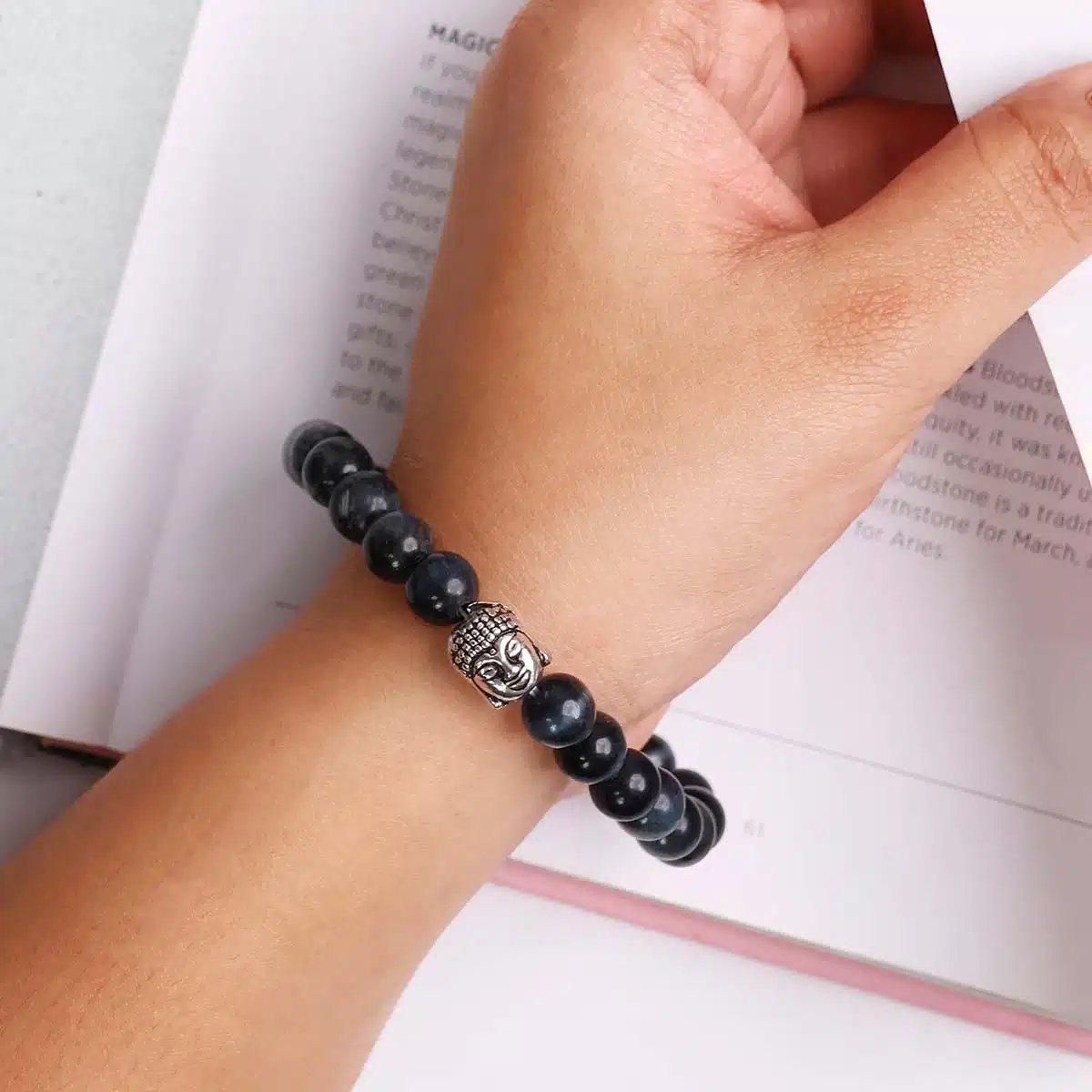 Shubhanjali-Blue Tiger Eye Buddha Bracelet (4) Shop Natural Blue Tiger Eye Buddha Charm Bracelet