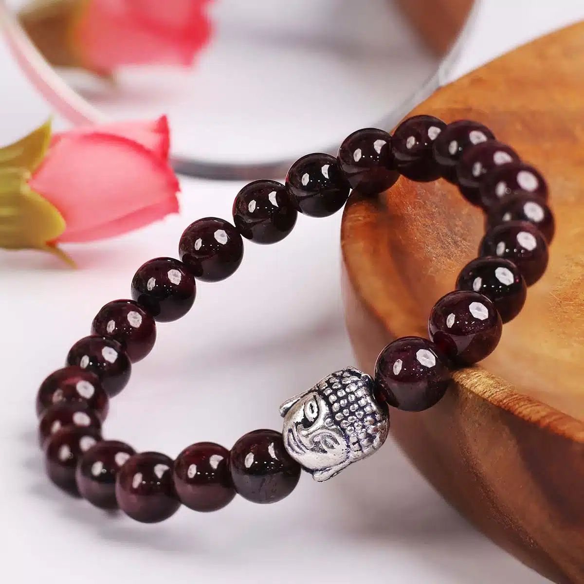 Shubhanjali-Garnet Buddha Bracelet (1) Shop Natural Garnet Buddha Charm Bracelet