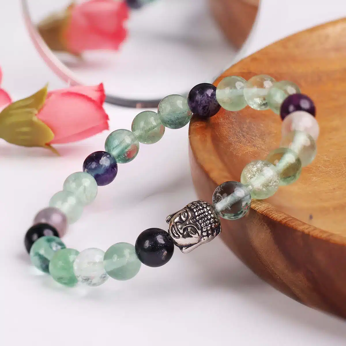 Shubhanjali-Multi Fluorite Buddha Bracelet (5) Shop Natural Multi Fluorite Buddha Charm Bracelet