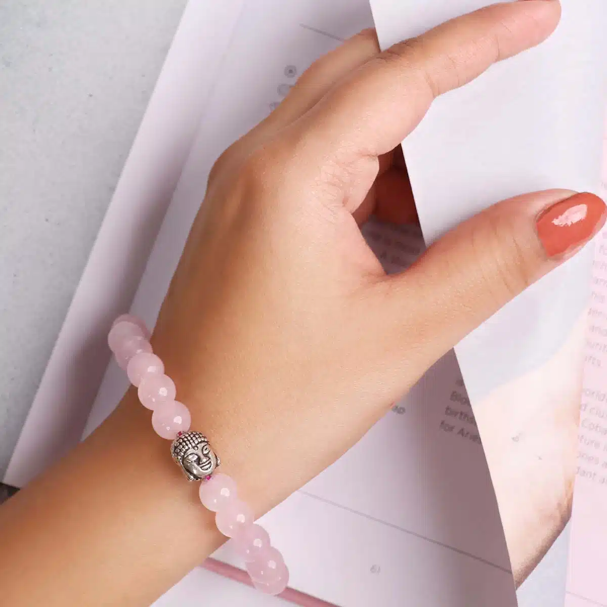thumbnail interactive-video image 1 of Rose Quartz Power Bracelet – 8mm Gemstone Beads, Ball Bracelet, Buddha Style 1 of 5