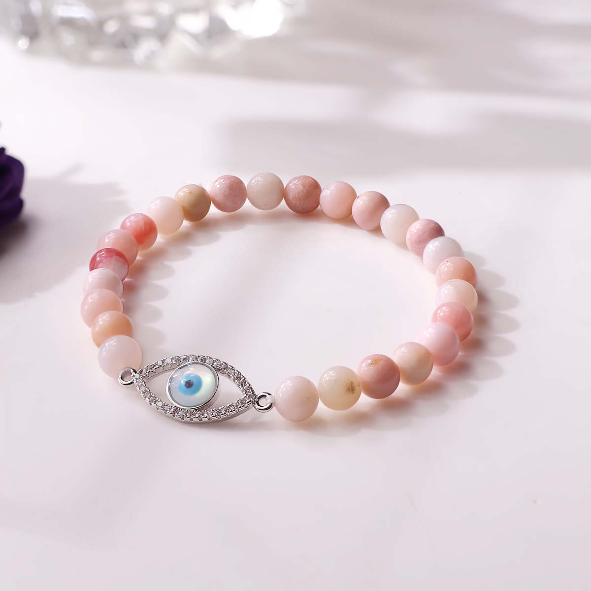 Pink Opal Evil Eye Bracelet (6mm) (6)