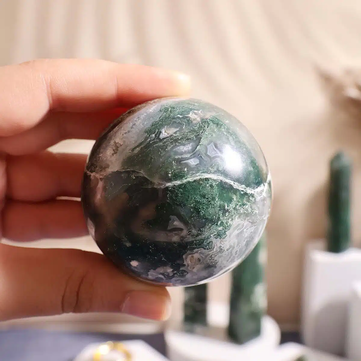 Shubhanjali-Moss Agate Polished Sphere (2) Shop Natural Moss Agate Crystal Polished Sphere