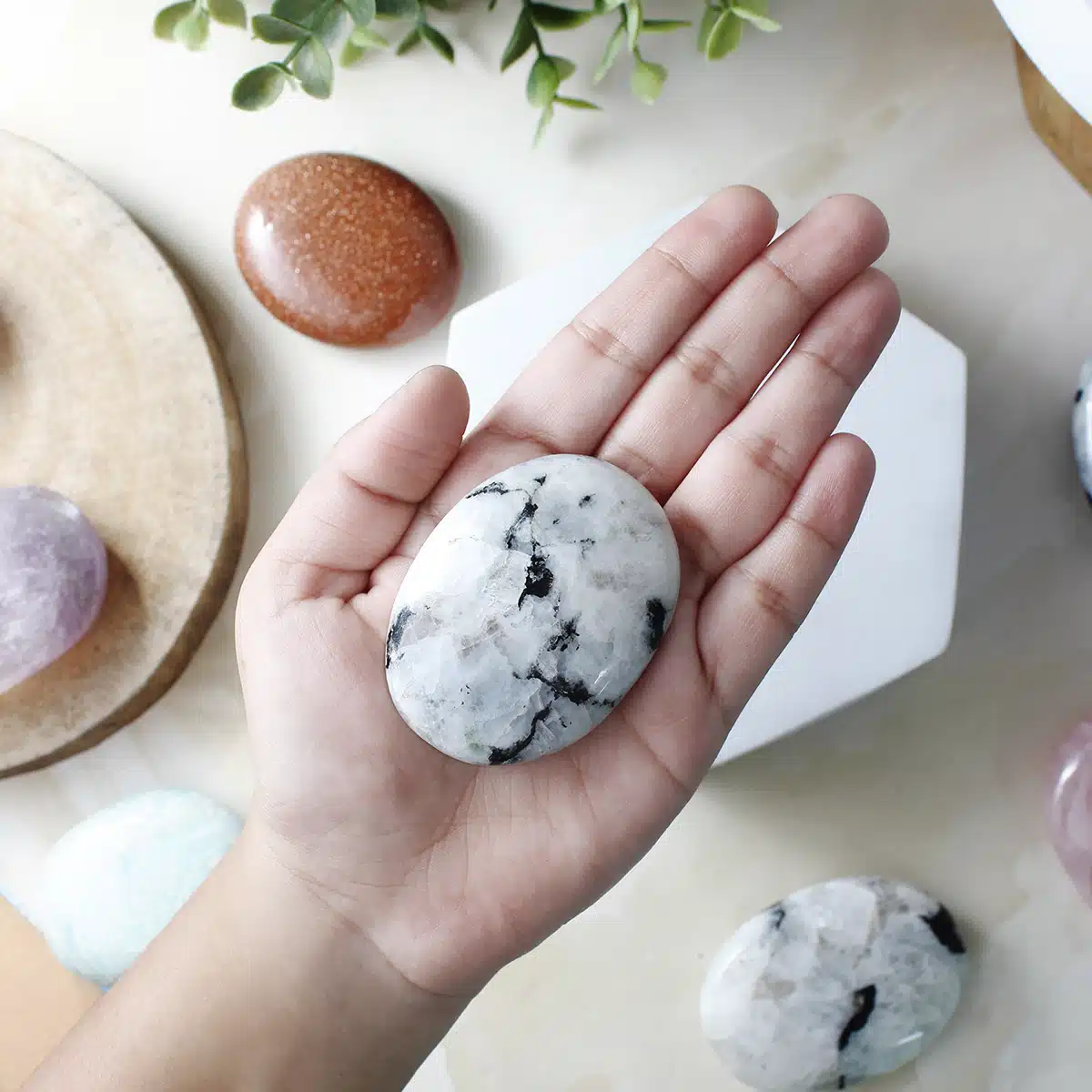 Shubhanjali-Rainbow Moonstone Palm Stone Shop Rainbow Moonstone Palm Stone