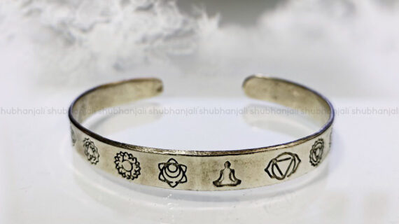 7 Chakra Yoga Symbol Engraved Silver Kada For Men/Boy Silver Open Adjustable Bracelet