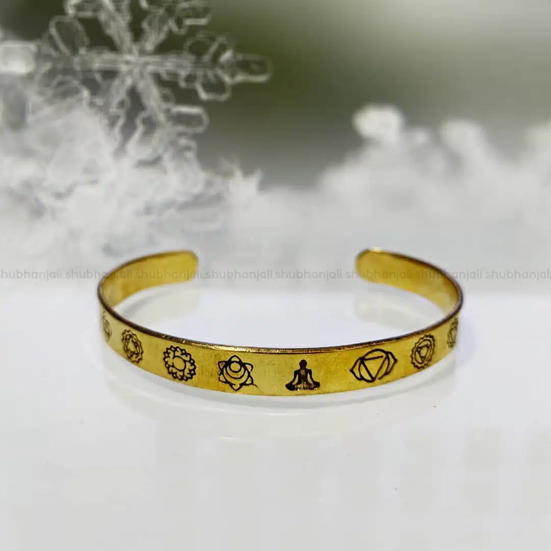 Shubhanjali-7 Chakra Kada 7 Chakra Yoga Symbol Engraved Gold Kada For Men/Boy Gold Open Adjustable Bracelet