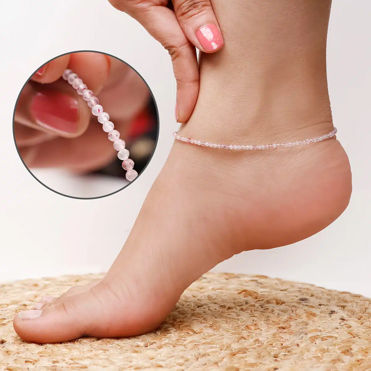 Shubhanjali-Pink Strawberry Quartz Anklet Pink Strawberry Quartz Anklet For Love, Life Purpose Girls / Women