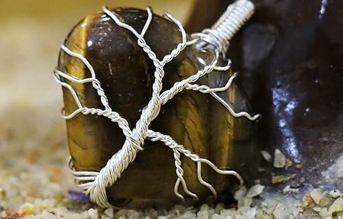 Tiger Eye Heart Shape Stone with Wire Wrapped Tree of Life Pendant