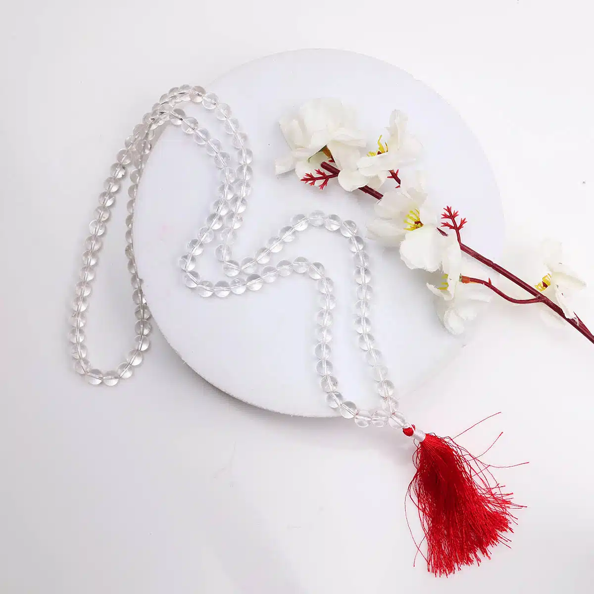 Clear Quartz Round Stone 108+1 Beads Jaap Mala-Shubhanjali (1) Shop Crystal Clear Quartz Round Stone 108+1 Beads Jaap Mala