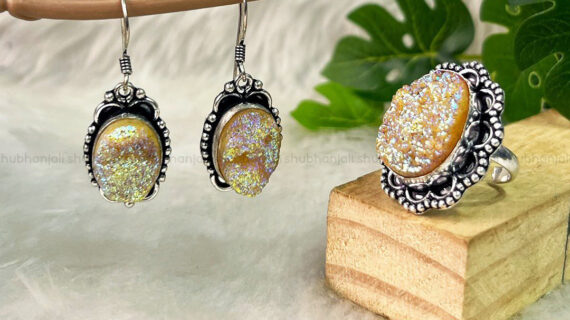 Druzy Agate Jewelley Set (Yellow) of Earring and Ring