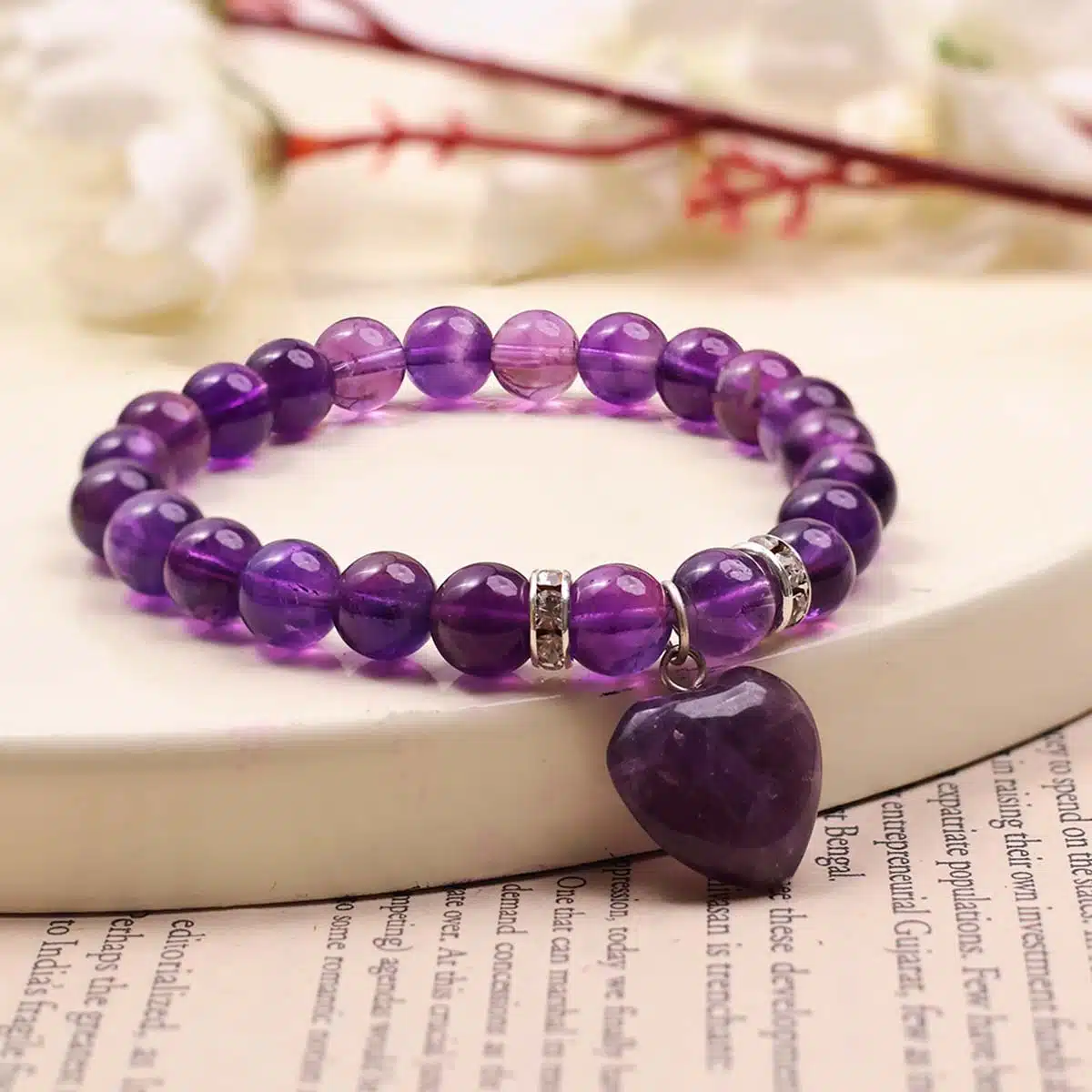 Amethyst Bracelet With Mini Heart Charm-Shubhanjali (1) Shop Amethyst Crystal Bracelet With Mini Heart Charm