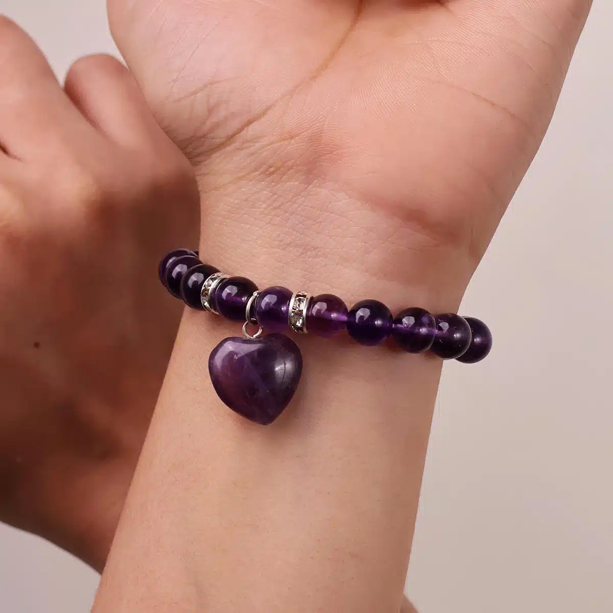 Amethyst Bracelet With Mini Heart Charm-Shubhanjali (6) Shop Amethyst Crystal Bracelet With Mini Heart Charm