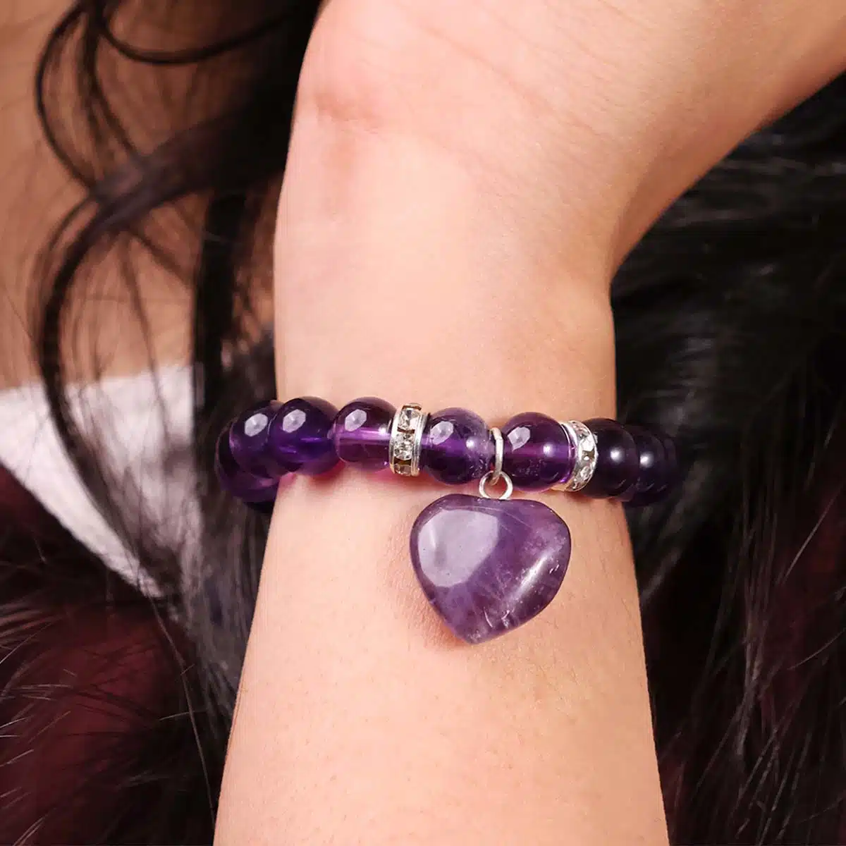 Amethyst Bracelet With Mini Heart Charm-Shubhanjali (7) Shop Amethyst Crystal Bracelet With Mini Heart Charm