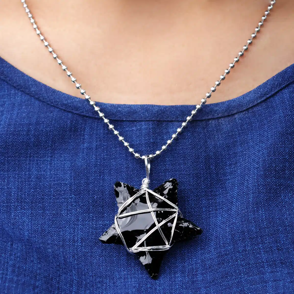 Shubhanjali-Black Obsidian Crystal Wire Wrapped Star Pendant_1 Black Obsidian Crystal Wire Wrapped Star Pendant
