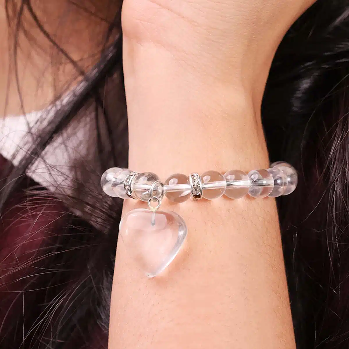 Clear Quartz Bracelet With Mini Heart Charm-Shubhanjali (1) Shop Clear Quartz Crystal Bracelet With Mini Heart Charm