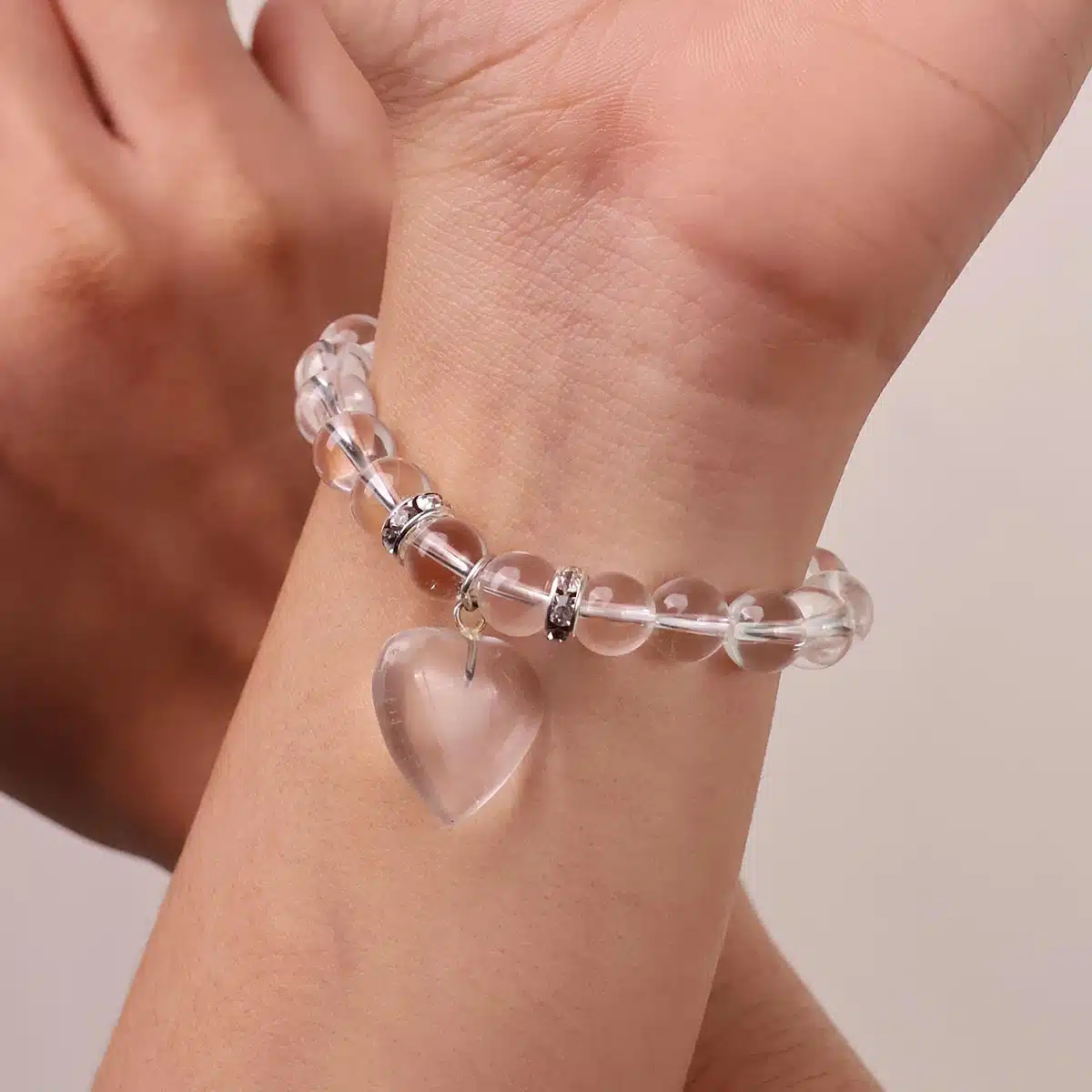 Clear Quartz Bracelet With Mini Heart Charm-Shubhanjali (8) Shop Clear Quartz Crystal Bracelet With Mini Heart Charm