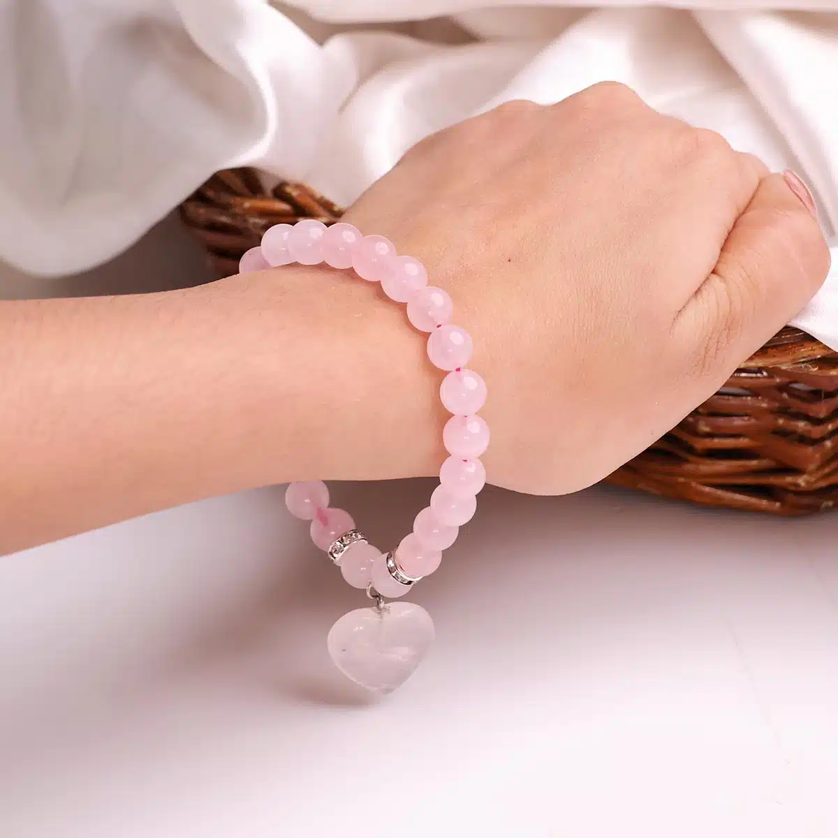 Rose Quartz Bracelet With Mini Heart Charm-Shubhanjali (1) Shop Rose Quartz Crystal Bracelet With Mini Heart Charm