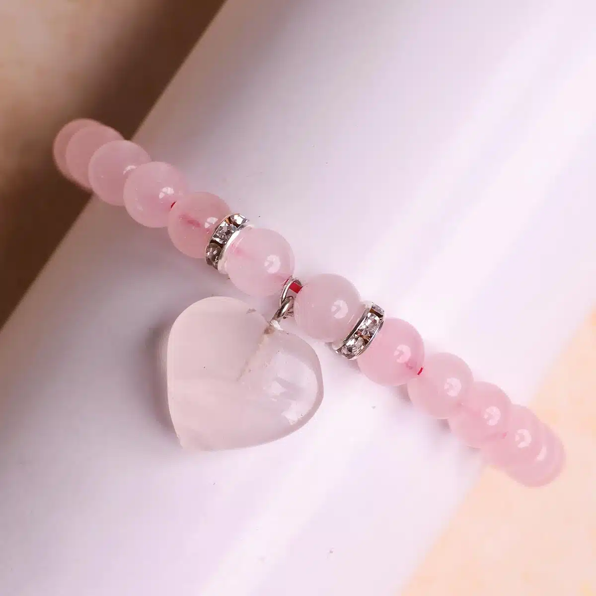 Rose Quartz Bracelet With Mini Heart Charm-Shubhanjali (3) Shop Rose Quartz Crystal Bracelet With Mini Heart Charm