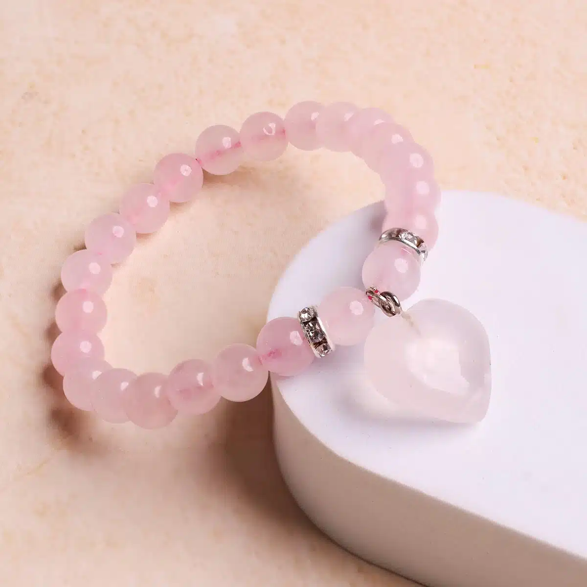 Rose Quartz Bracelet With Mini Heart Charm-Shubhanjali (4) Shop Rose Quartz Crystal Bracelet With Mini Heart Charm