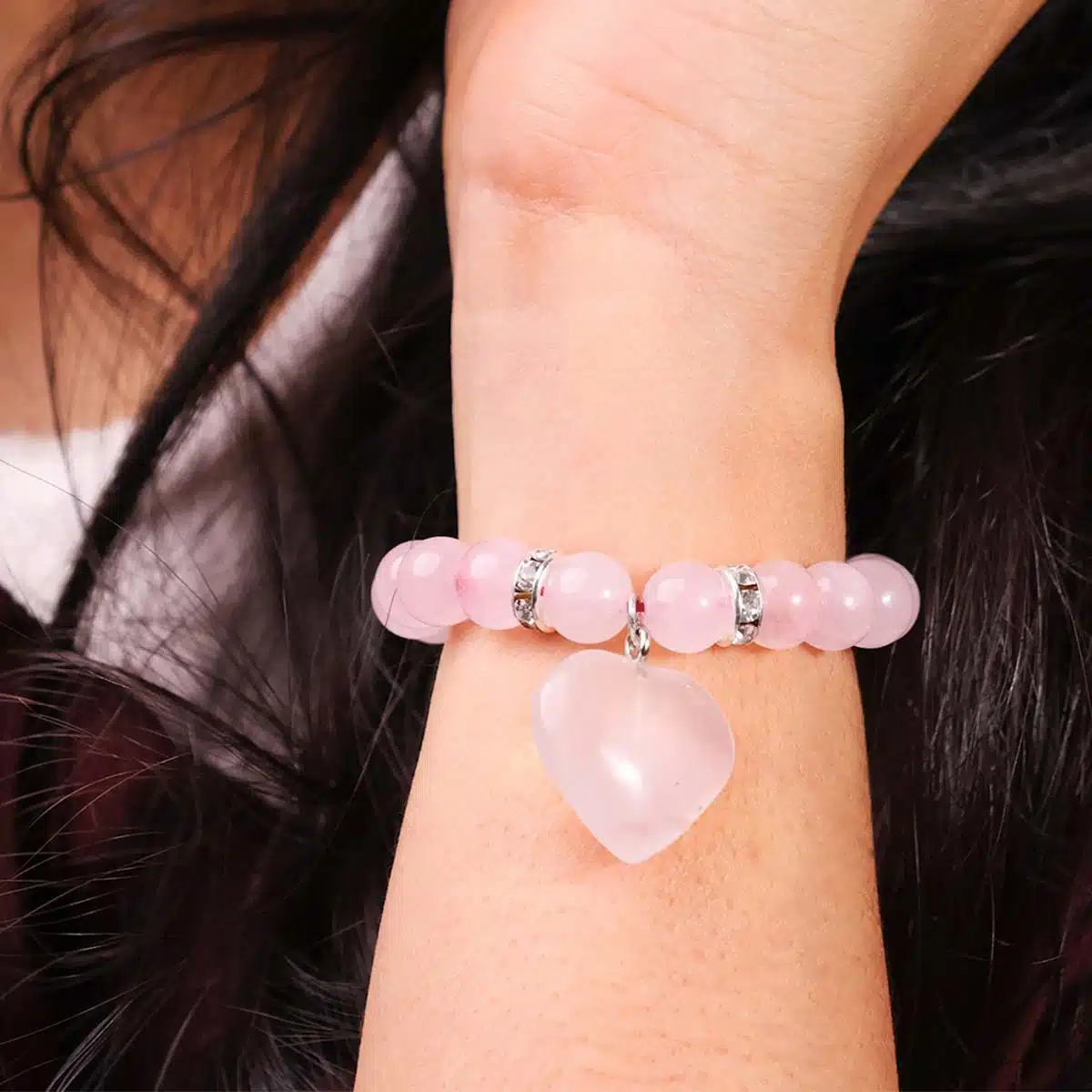 Rose Quartz Bracelet With Mini Heart Charm-Shubhanjali. Shop Rose Quartz Crystal Bracelet With Mini Heart Charm