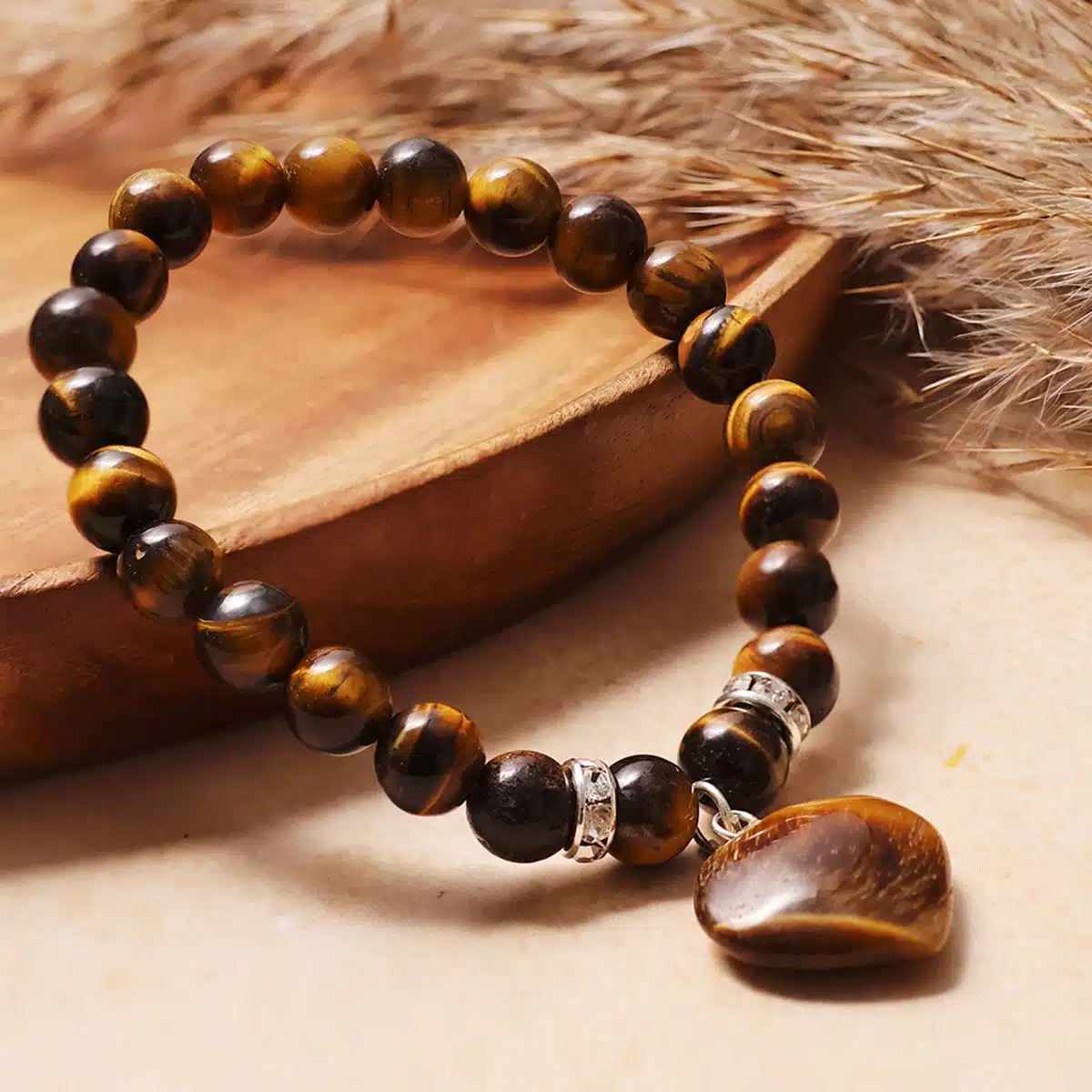 Tiger Eye Bracelet With Mini Heart Charm-Shubhanjali (1) Shop Tiger Eye Crystal Bracelet With Mini Heart Charm