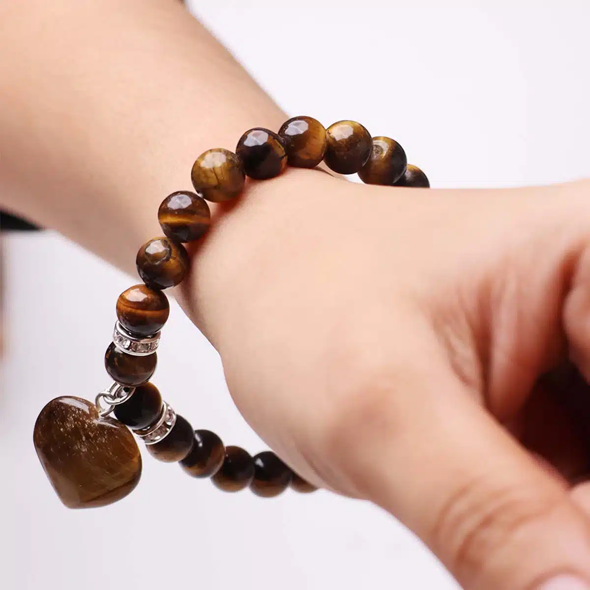 Tiger Eye Bracelet With Mini Heart Charm-Shubhanjali (3) Shop Tiger Eye Crystal Bracelet With Mini Heart Charm