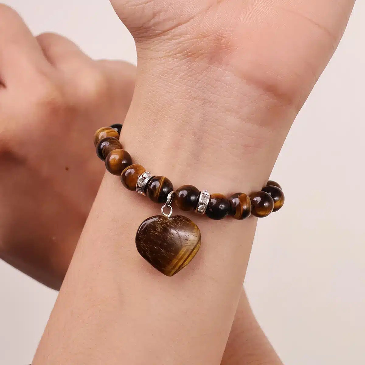Tiger Eye Bracelet With Mini Heart Charm-Shubhanjali (4) Shop Tiger Eye Crystal Bracelet With Mini Heart Charm