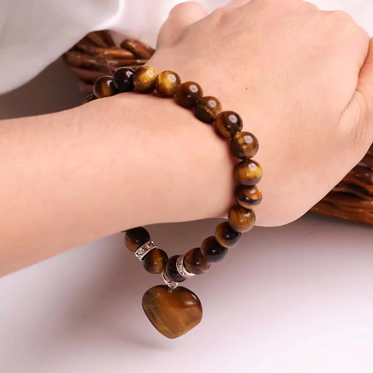 Tiger Eye Bracelet With Mini Heart Charm-Shubhanjali (5) Shop Tiger Eye Crystal Bracelet With Mini Heart Charm