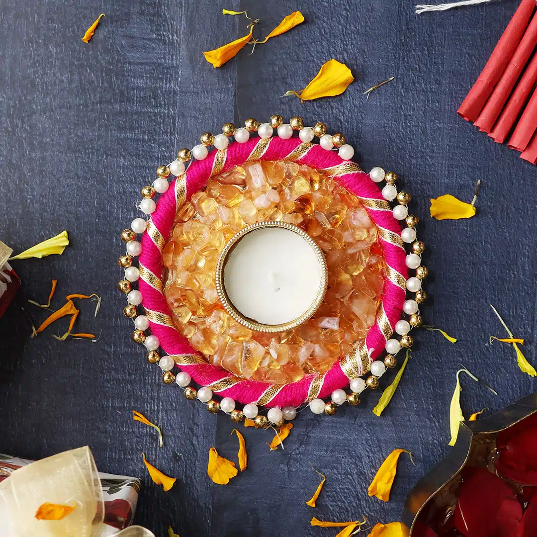 Shubhanjali-Citrine Chips Rangoli Diya Citrine Chips Stone Rangoli Diye