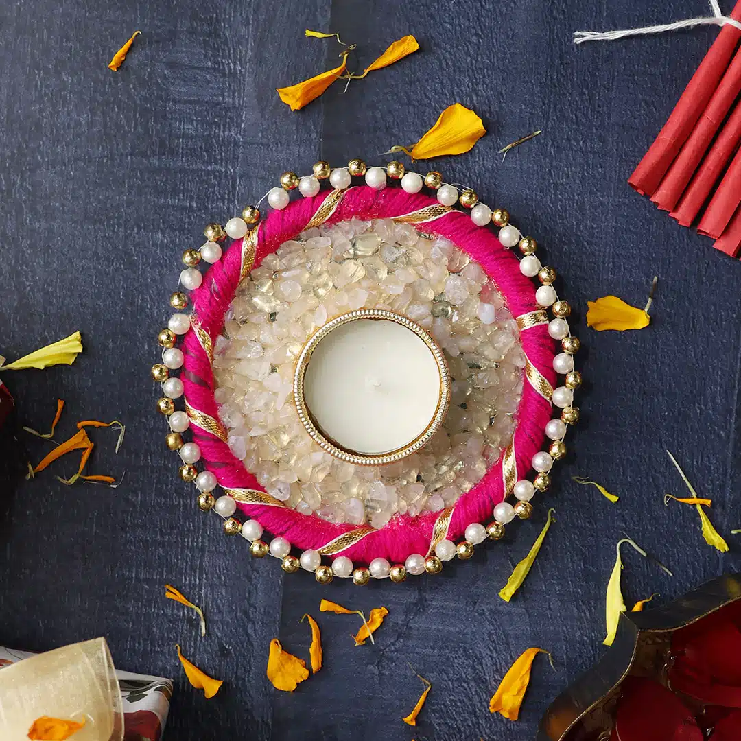 Shubhanjali-Clear Quartz Chips Rangoli Diya Clear Quartz Chips Stone Rangoli Diye