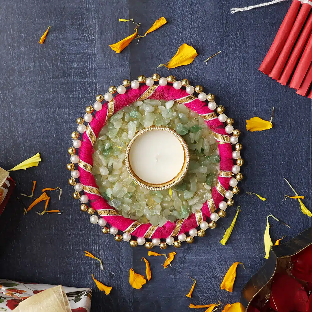 Shubhanjali-Green Aventurine Chips Rangoli Diya Green Aventurine Chips Stone Rangoli Diye