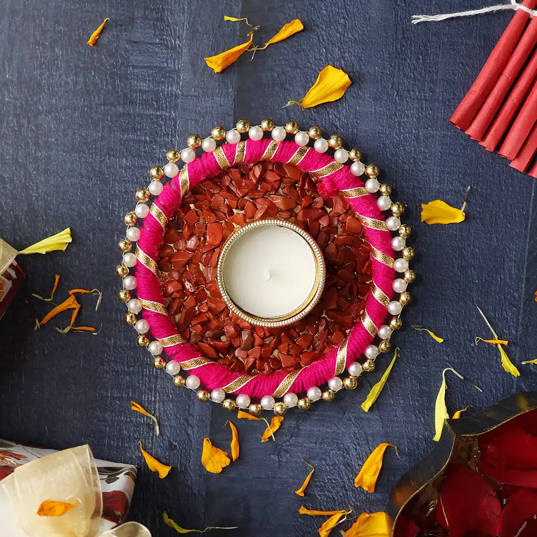 Shubhanjali-Red Jasper Chips Rangoli Diya Red Jasper Chips Stone Rangoli Diye