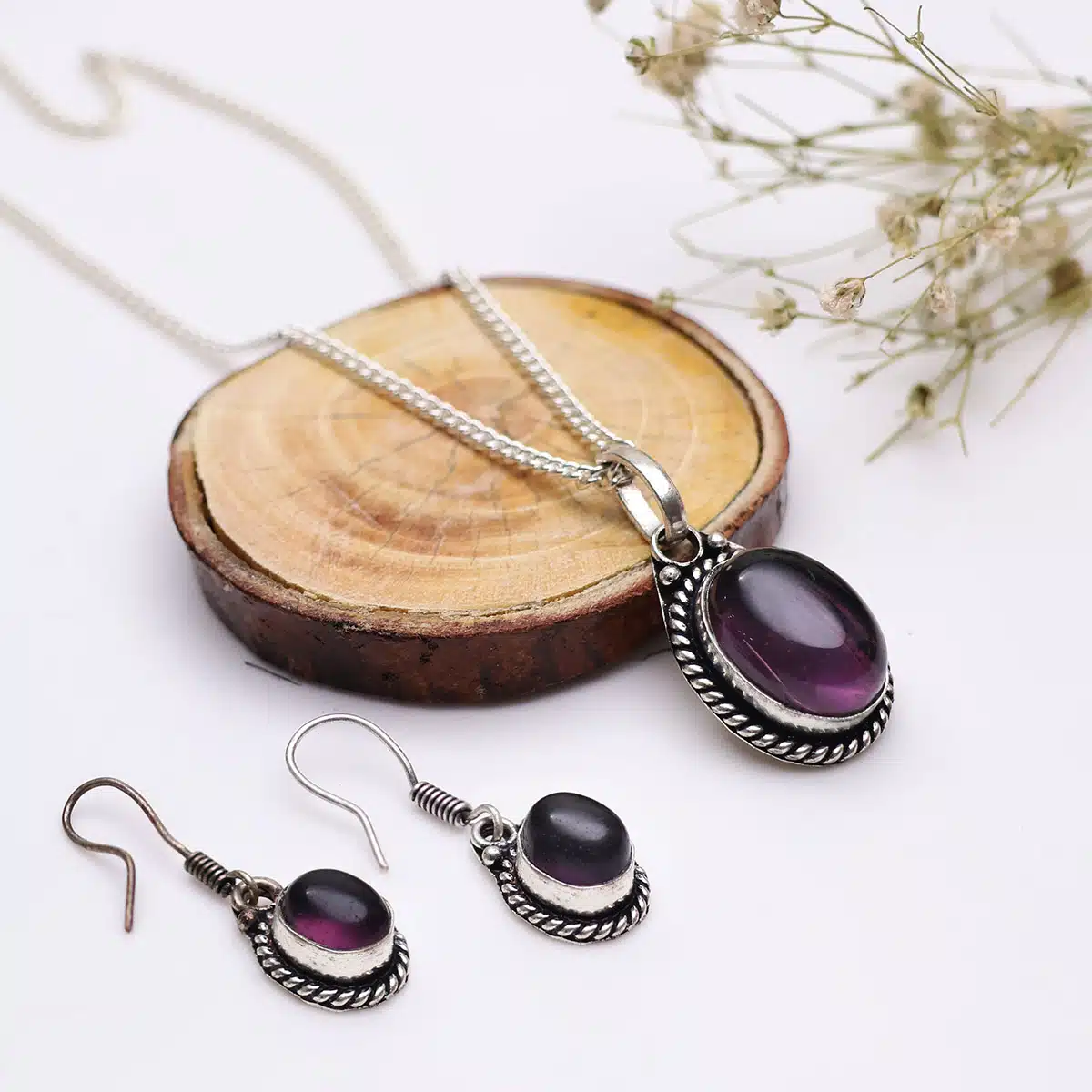 Amethyst Pendant and Earring Jewellery Set-Shubhanjali (1) Shop Amethyst Pendant and Earring Jewellery Set