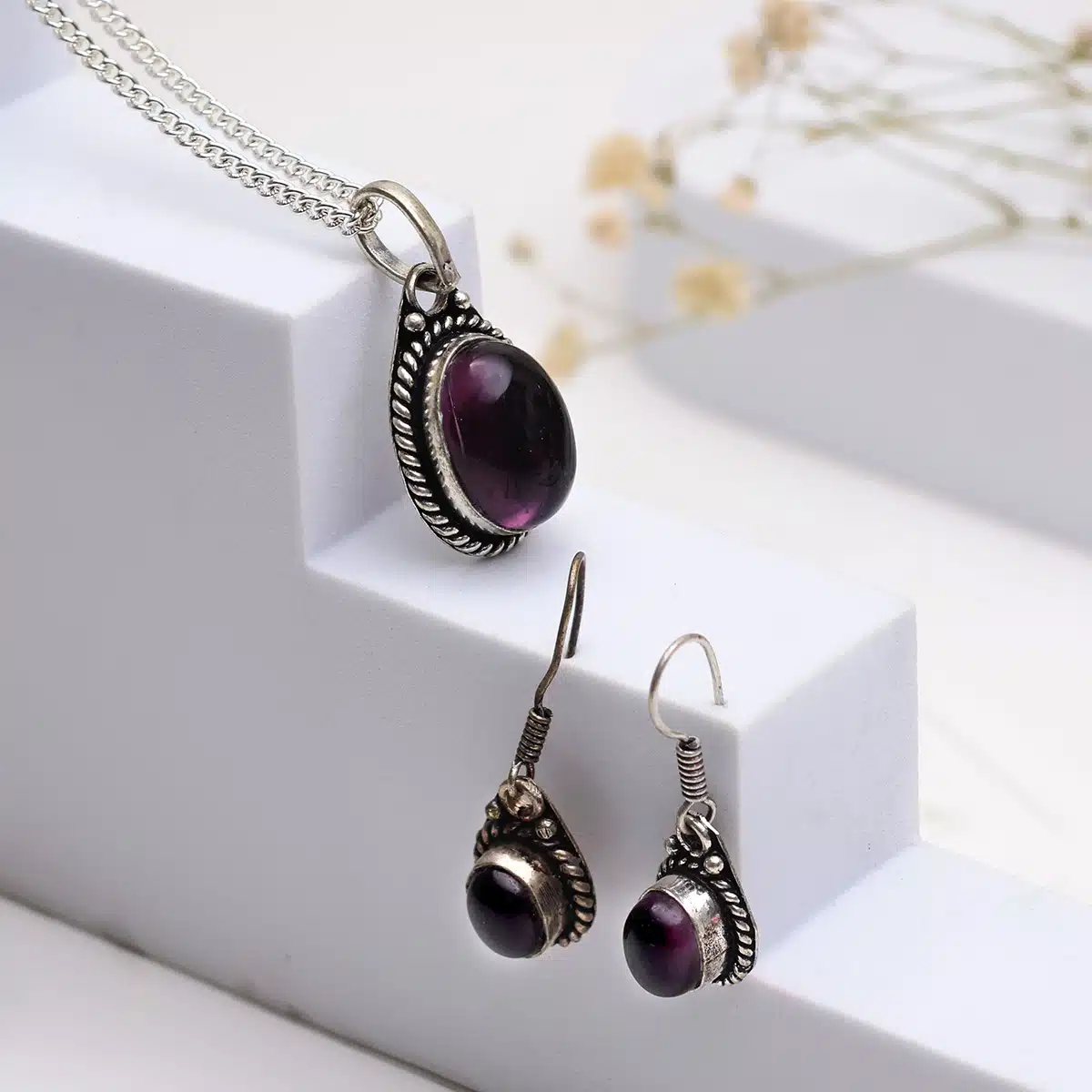 Amethyst Pendant and Earring Jewellery Set-Shubhanjali (2) Shop Amethyst Pendant and Earring Jewellery Set