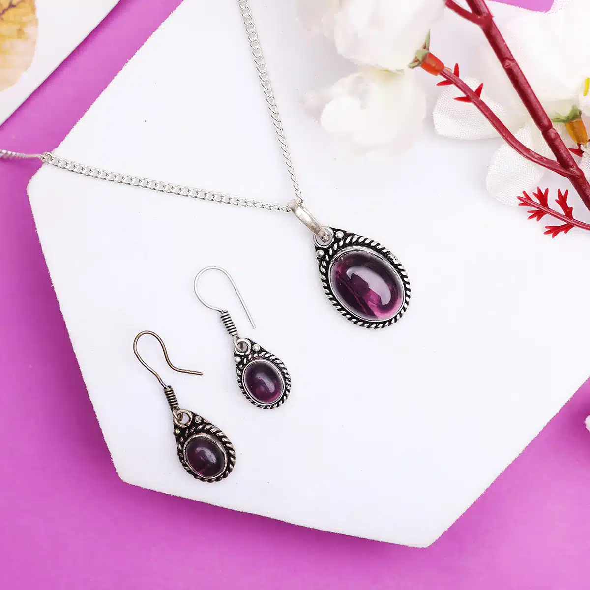 Amethyst Pendant and Earring Jewellery Set-Shubhanjali (3) Shop Amethyst Pendant and Earring Jewellery Set