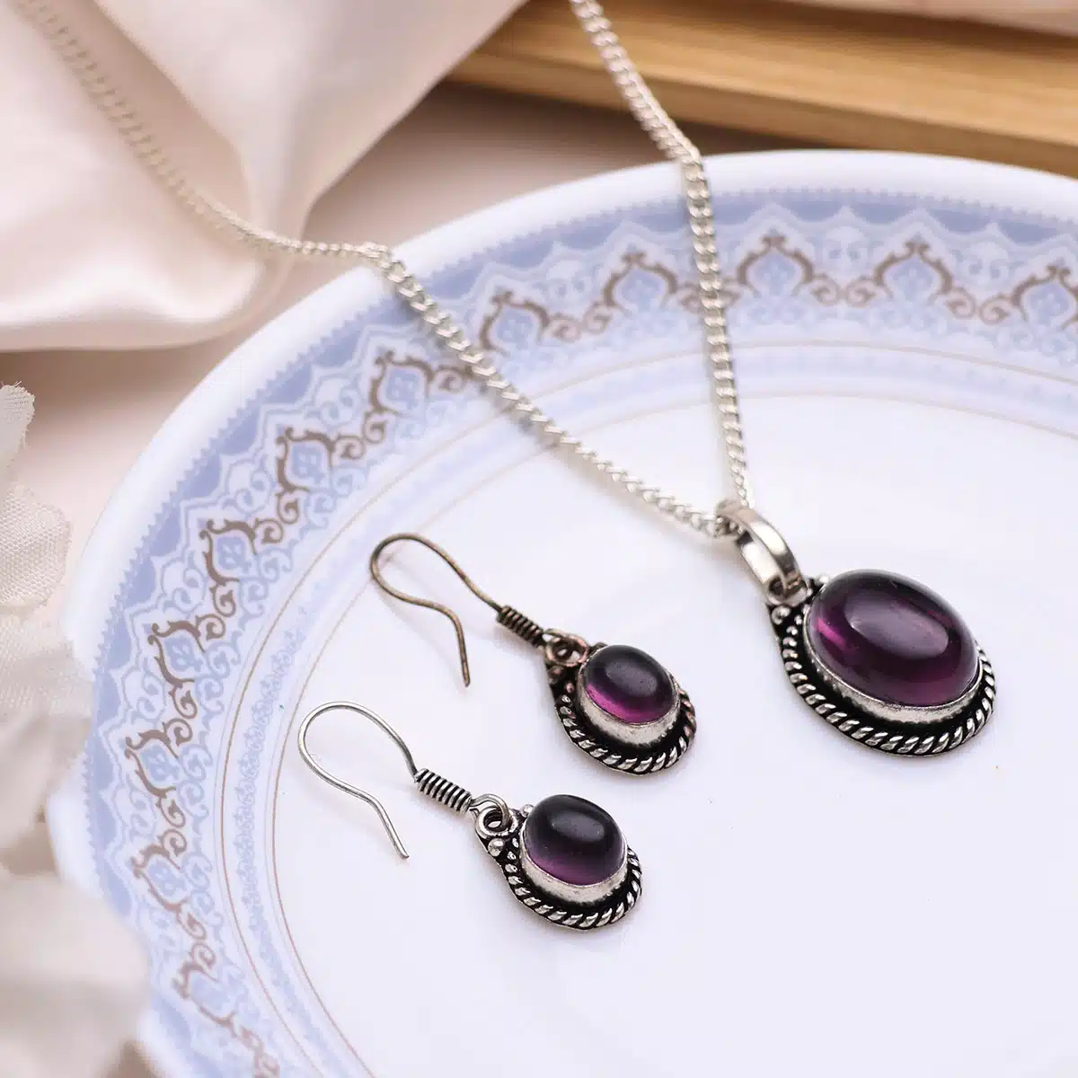 Amethyst Pendant and Earring Jewellery Set-Shubhanjali (4) Shop Amethyst Pendant and Earring Jewellery Set