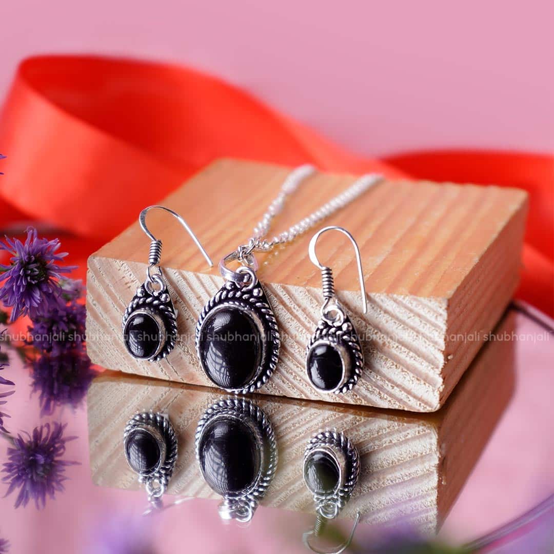Buy Online Black Onyx Crystal Pendant and Earring Set Shubhanjali